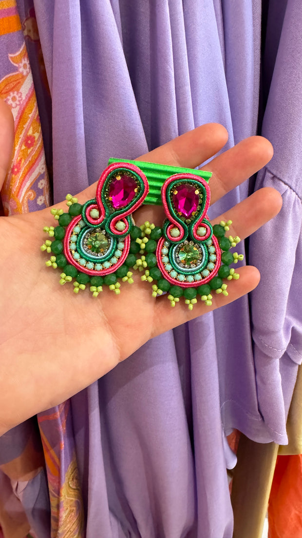 South American Earrings - Round Beaded - Green and Pink