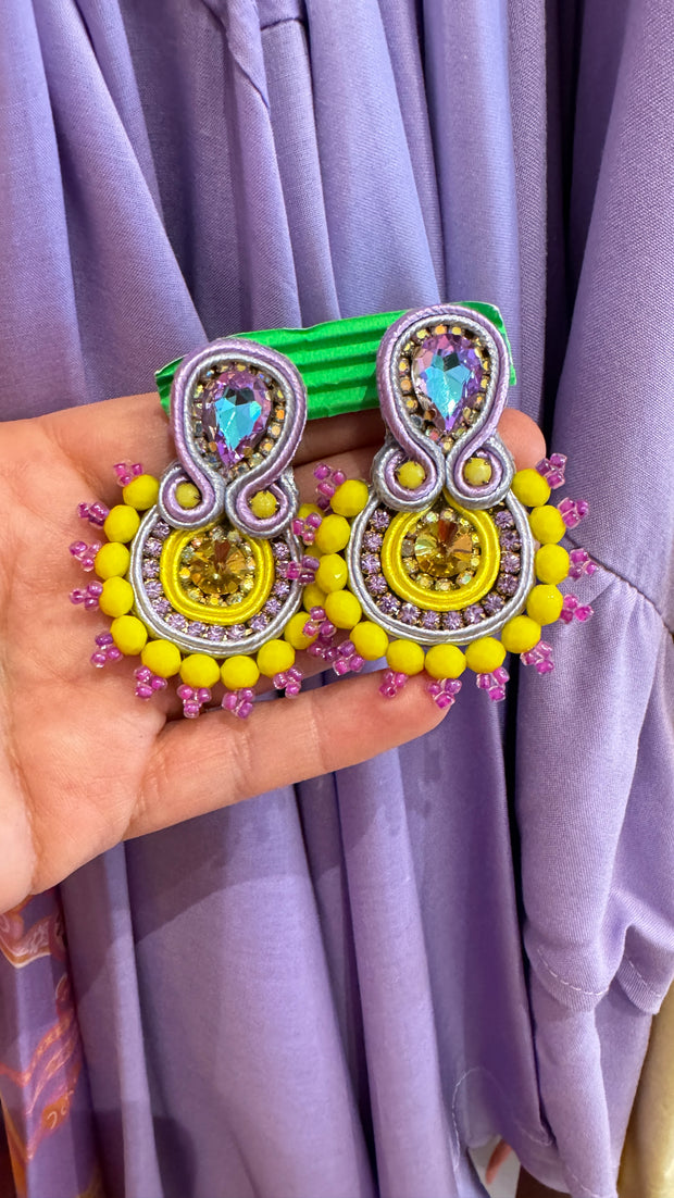 South American Earrings - Round Beaded - Pale Purple and Yellow