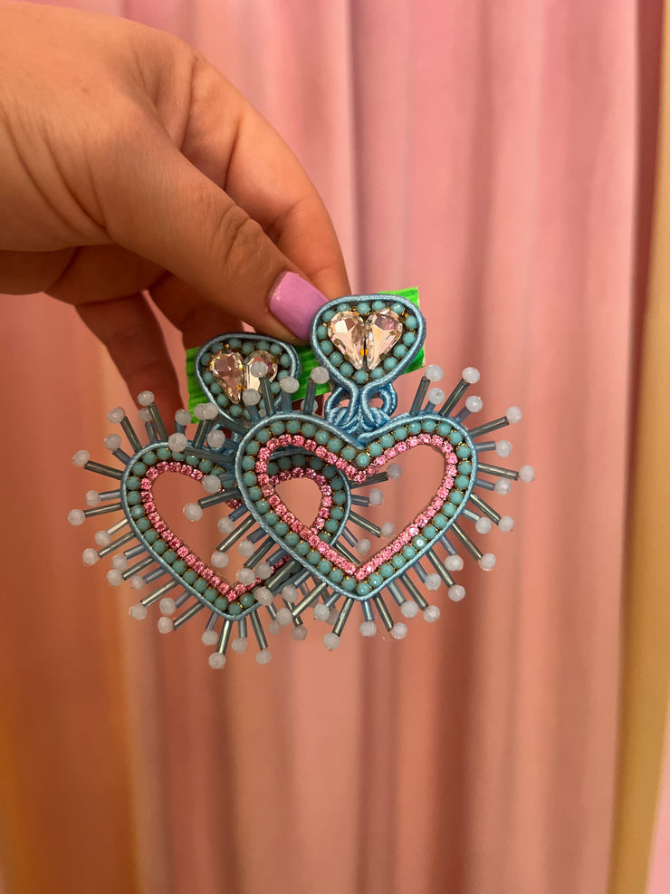 South American Earrings - Big Heart - Blue with pink - Elizabeth Summer