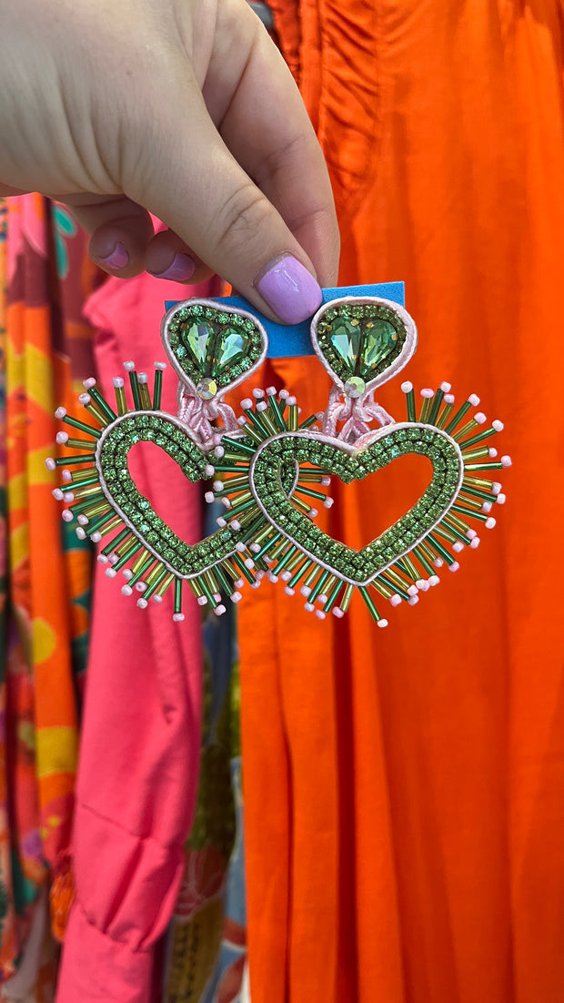 South American Earrings - Big Heart - Green - Elizabeth Summer