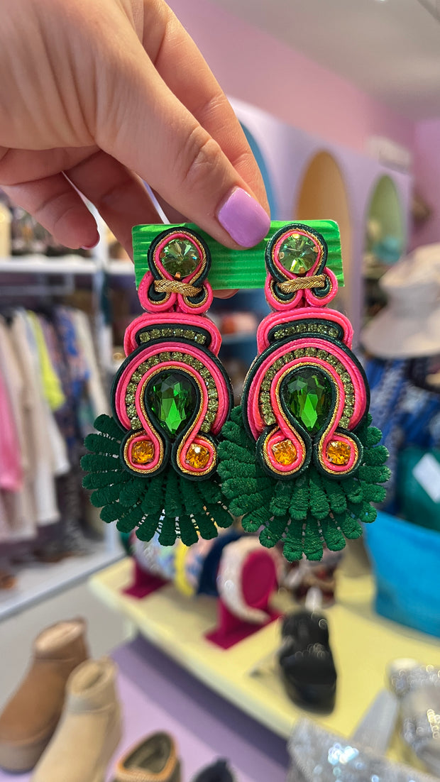 South American Earrings - Longer Double Lace - Dark green, lumo pink & gold - Elizabeth Summer