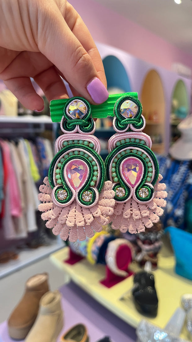 South American Earrings - Longer Double Lace - Pale Pink & Greens - Elizabeth Summer