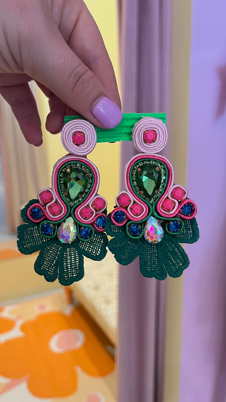South American Earrings - Lace - Pink, Green - Elizabeth Summer