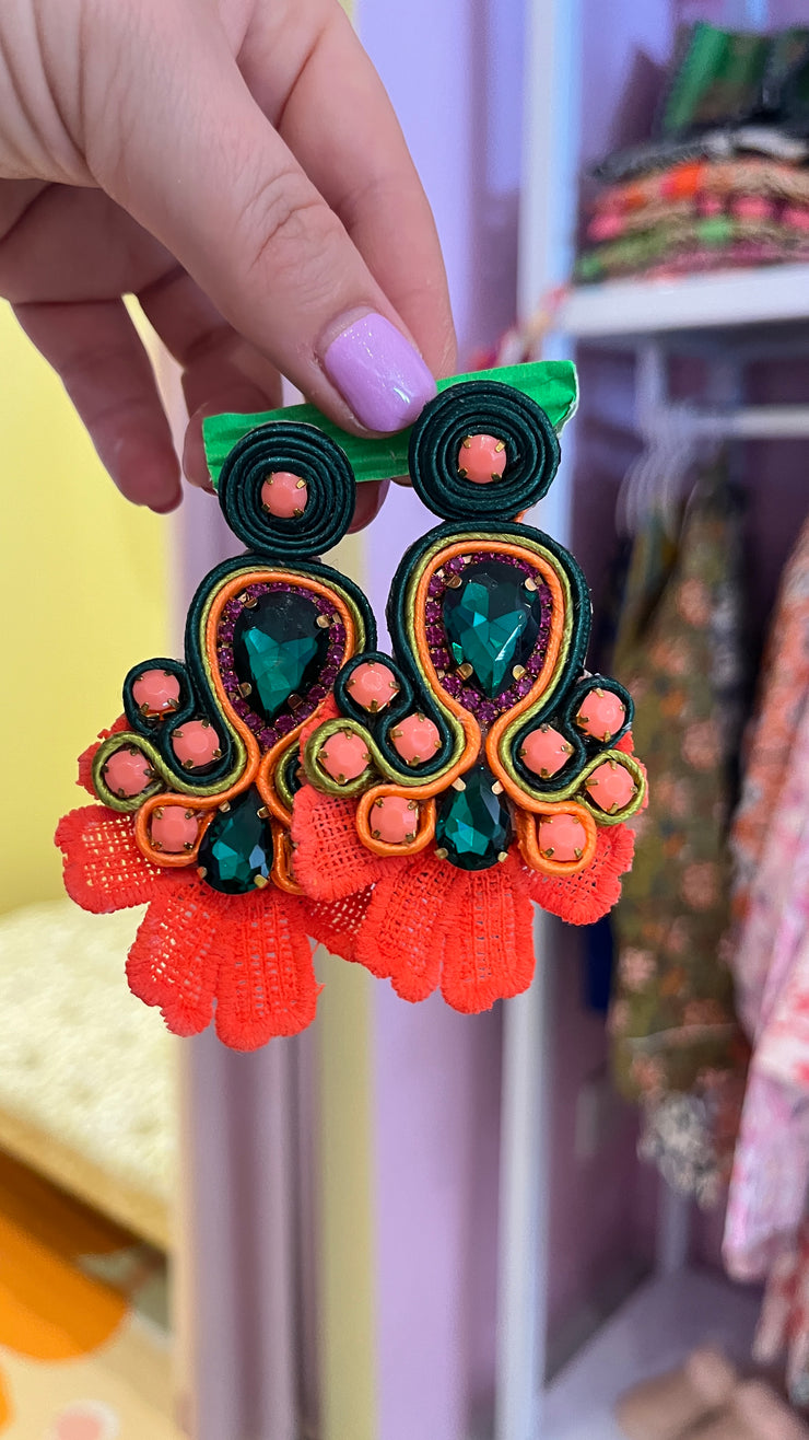 South American Earrings - Lace - Green, Orange & Coral - Elizabeth Summer