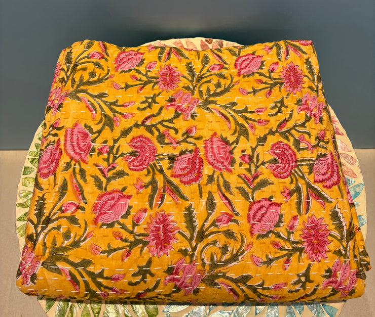 Kantha (Quilt) - King Size - Pink & Yellow Floral