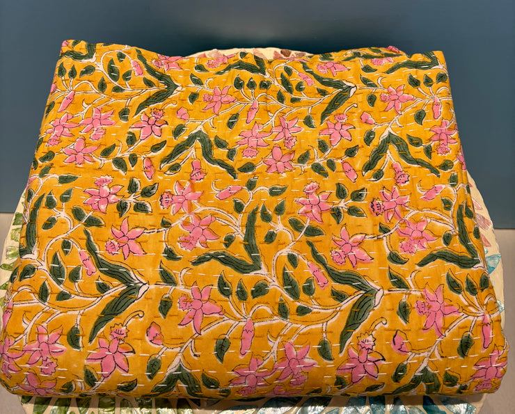 Kantha (Quilt) - King Size - Green, Pink & Yellow Flowers