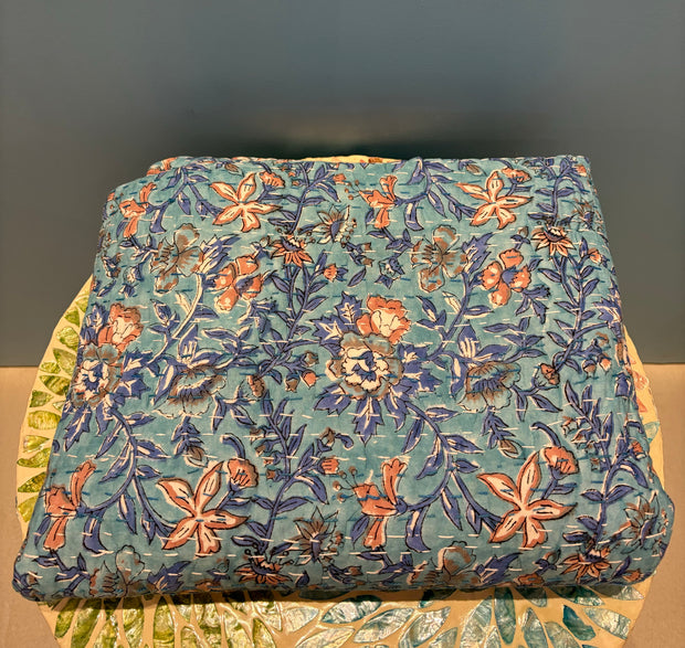 Kantha (Quilt) - King Size - Floral - Ocean Blue