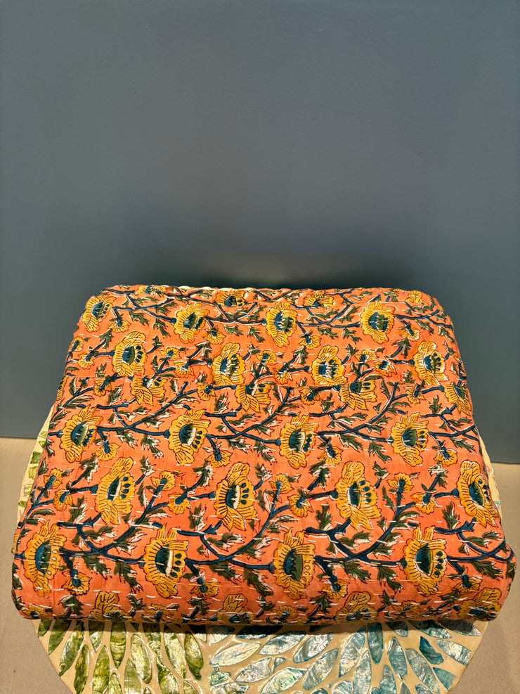 Kantha (Quilt) - King Size - Flowers - Peach Colourful