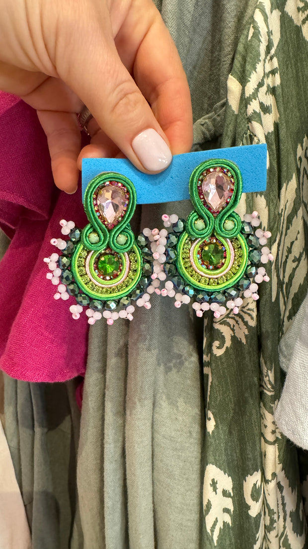 South American Earrings - Round Beaded - Greens and pale pink