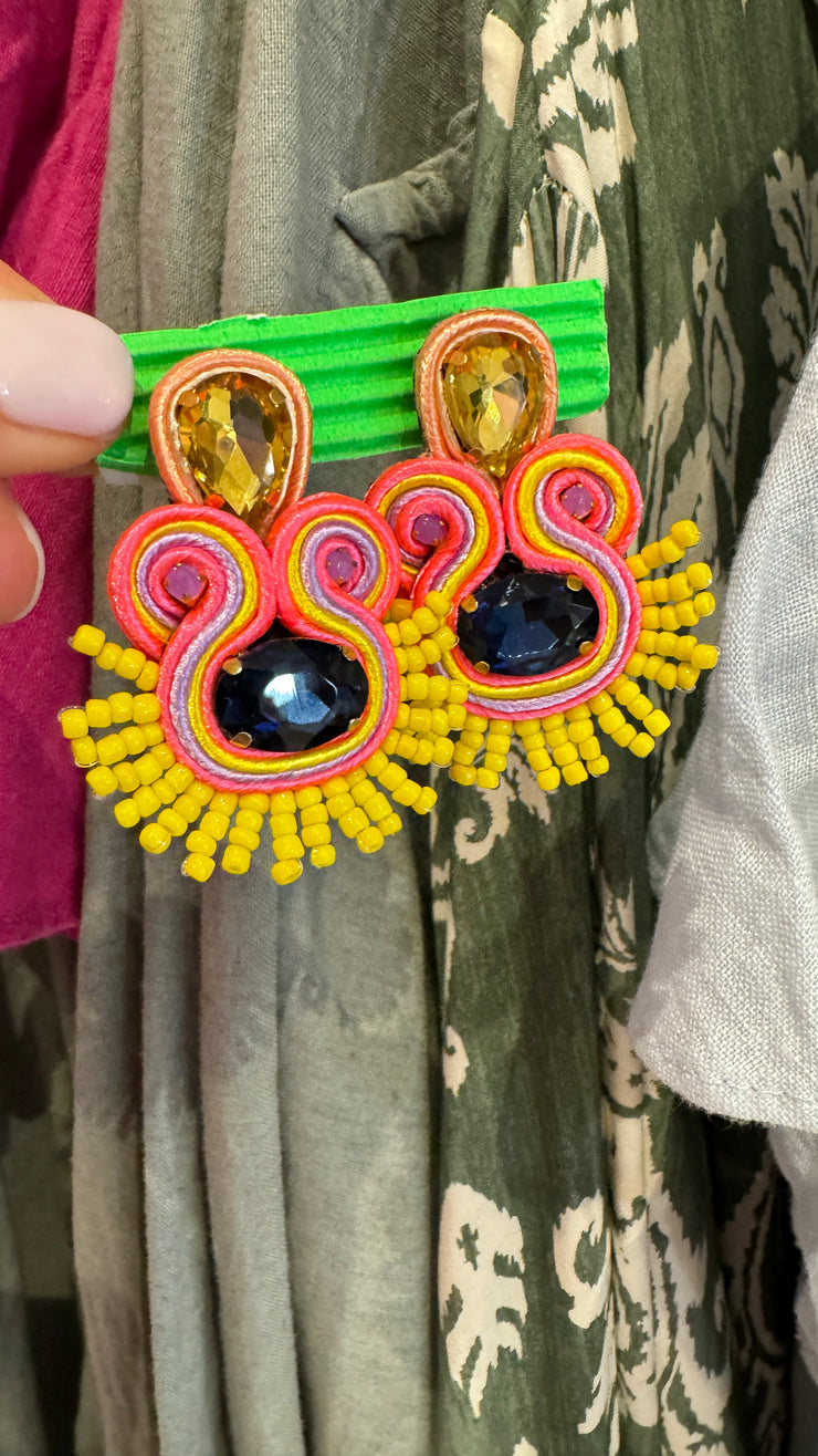 South American Earrings - Coco - Yellow, Bright pink and Navy