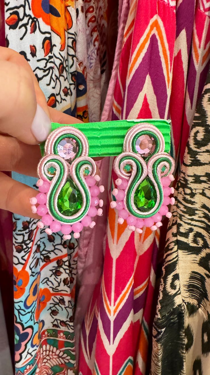 South American Earrings - Small - Pale Pink and Green