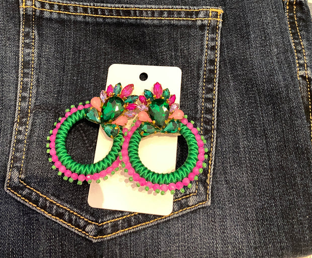 South American Earrings - Hoop - Green & Pink