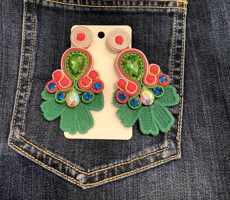 South American Earrings - Lace - Green & Pink - Elizabeth Summer