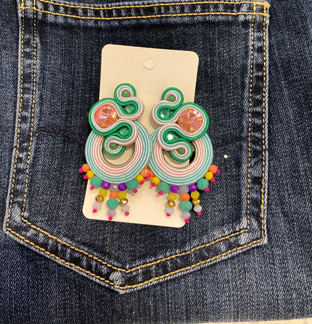 South American Earrings - Venus - Green/Pale Pink/Pale Blue