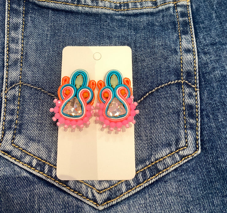 South American Earrings - Small Triangle - Lumo Pink & Aqua
