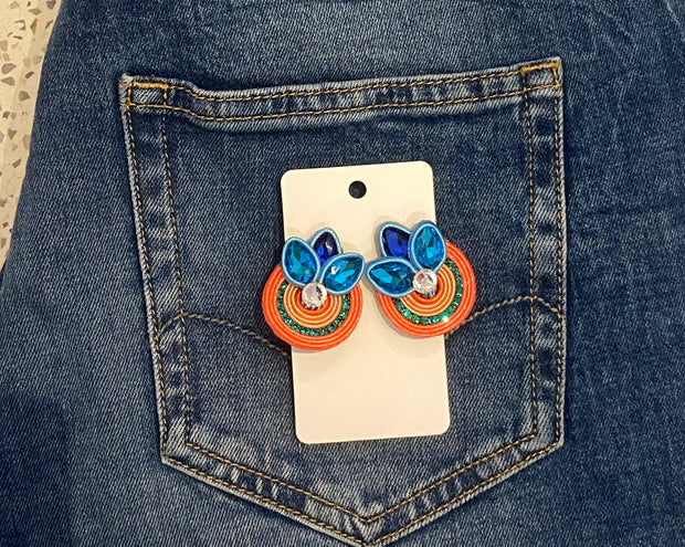 South American Earrings - Flower - Lumo Pink & Blue