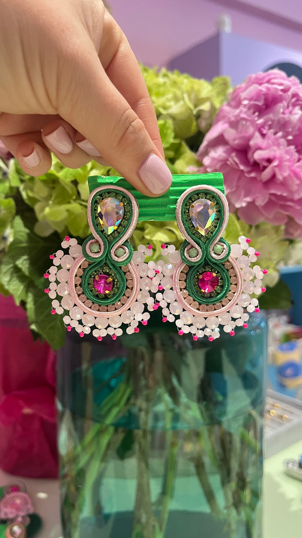 South American Earrings - Round Beaded - Greens, white, pink - Elizabeth Summer