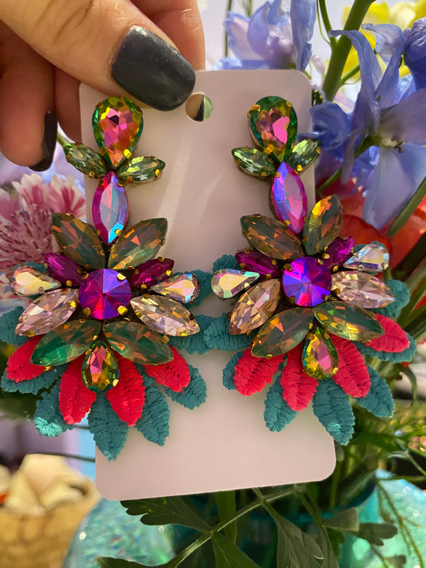 South American Earrings - Flower Lace - Pink and Turquoise