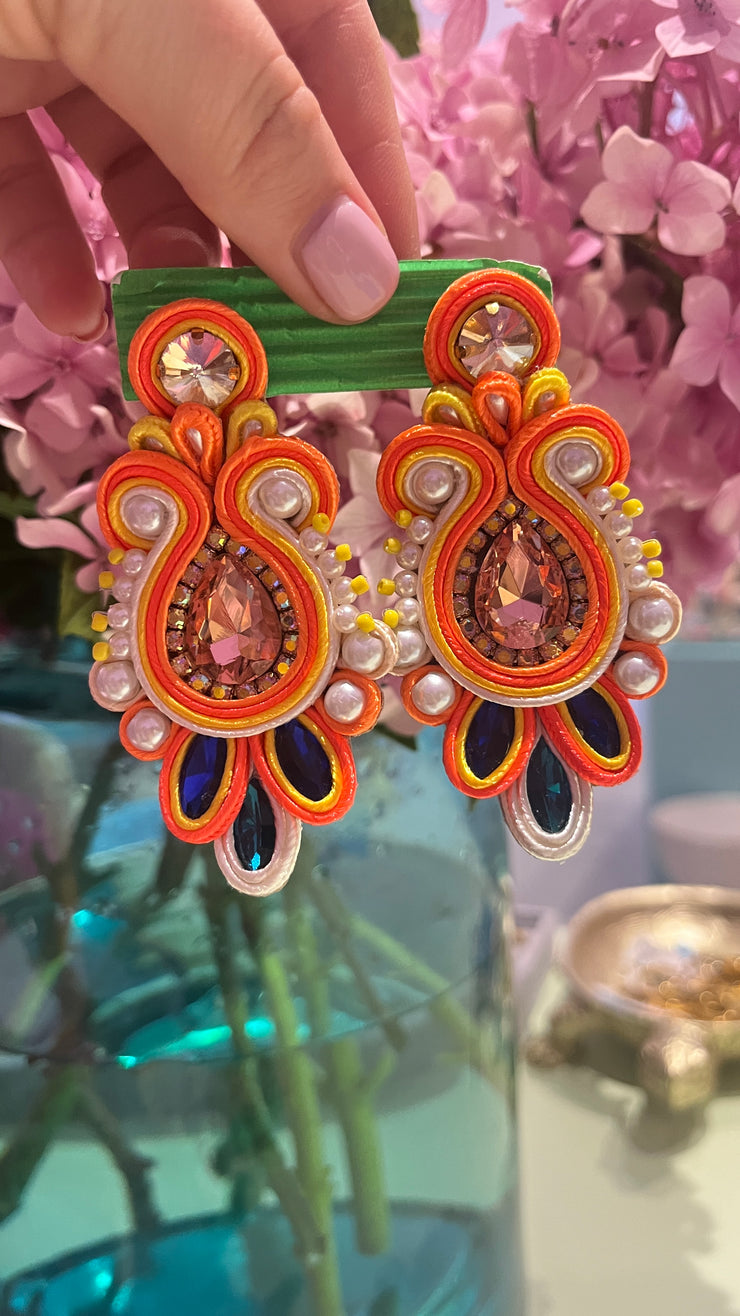 South American Earrings - Pearl Butterfly - Orange, Yellow & Navy - Elizabeth Summer