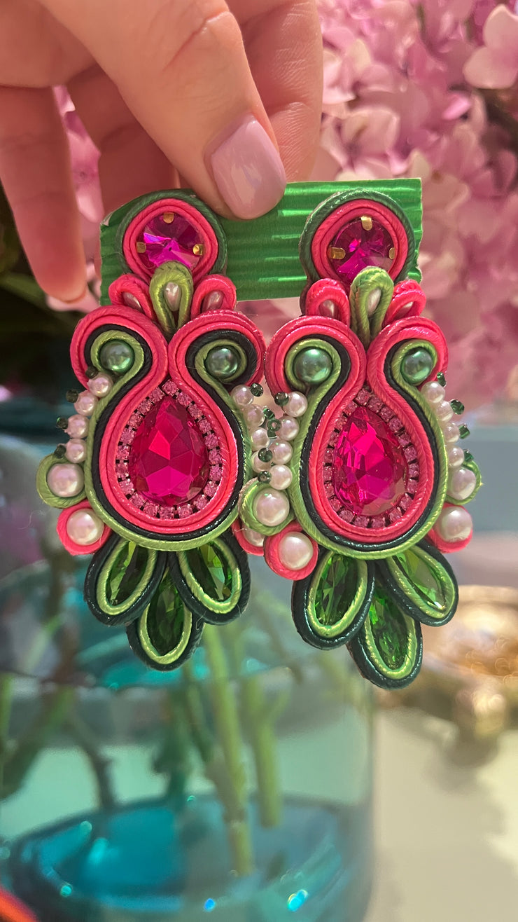 South American Earrings - Pearl Butterfly - Pink, Dark Green & Light Green - Elizabeth Summer