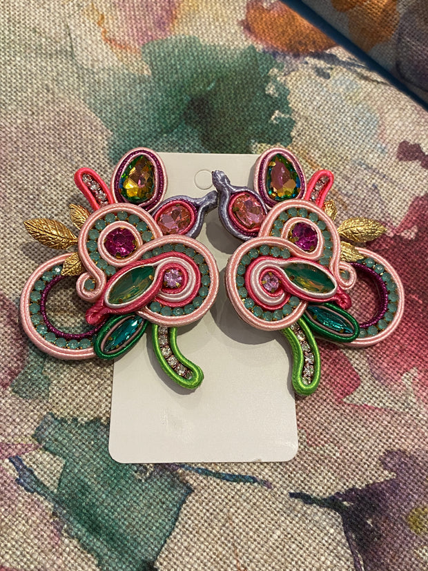 South American Earrings - Swan - Baby Pink/Green/Turq