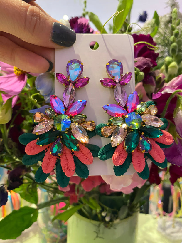 South American Earrings - Flower Lace - Pink and Dark Green