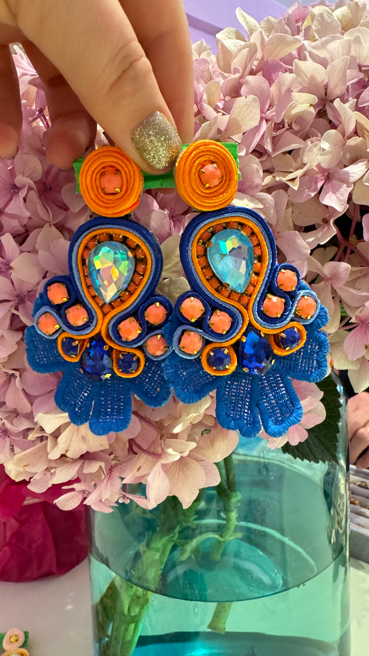 South American Earrings - Lace - Orange & Blue - Elizabeth Summer