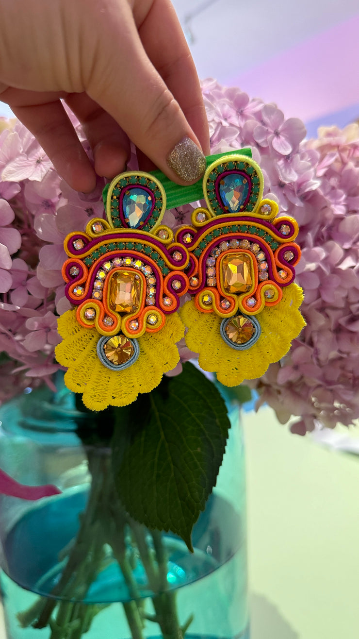 South American Earrings - Lace with intricate stones - Yellow, blue, pink, orange, green - Elizabeth Summer