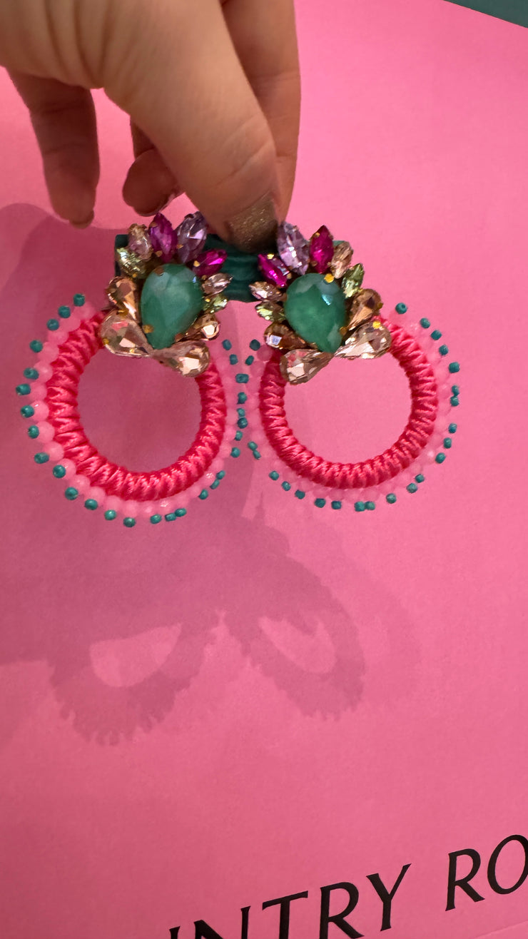 South American Earrings - Hoop - Deep Pink, Aqua, Pale Pink