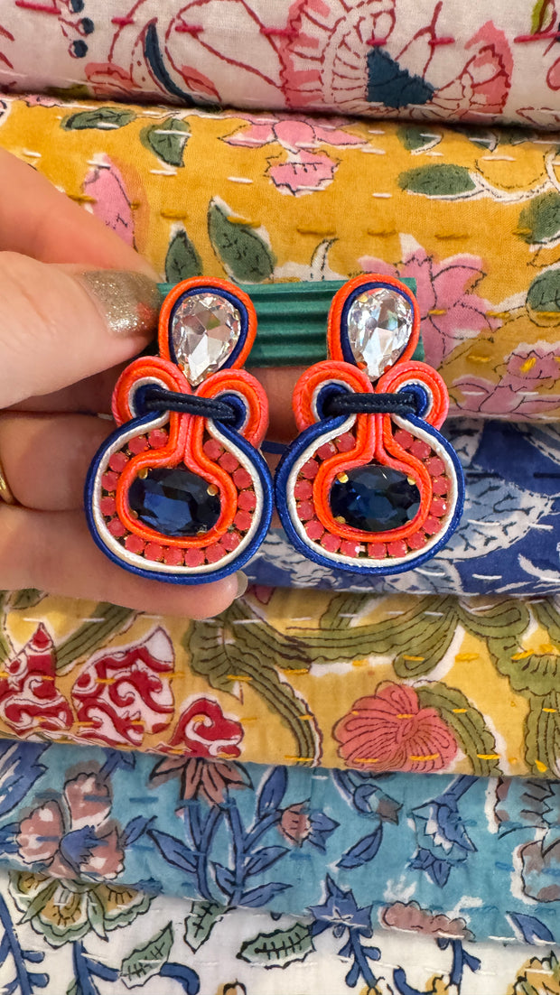 South American Earrings - Small Round - Orange and Navy