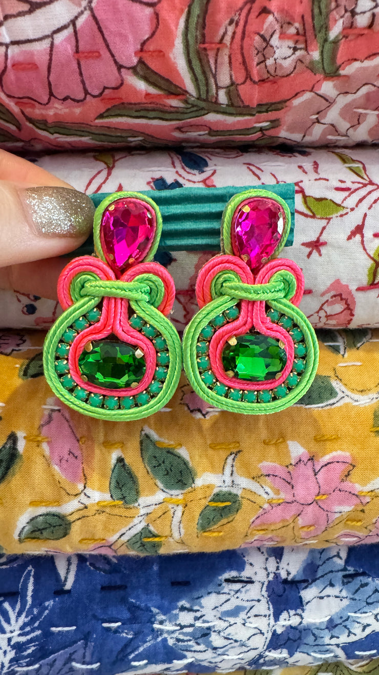 South American Earrings - Small Round - Lumo Green and Pink