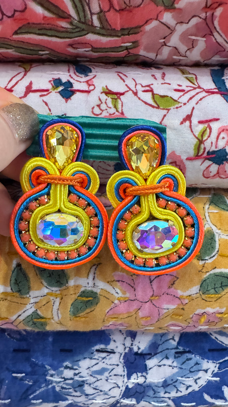 South American Earrings - Small Round - Navy Blue, Orange, Yellow, and Coral