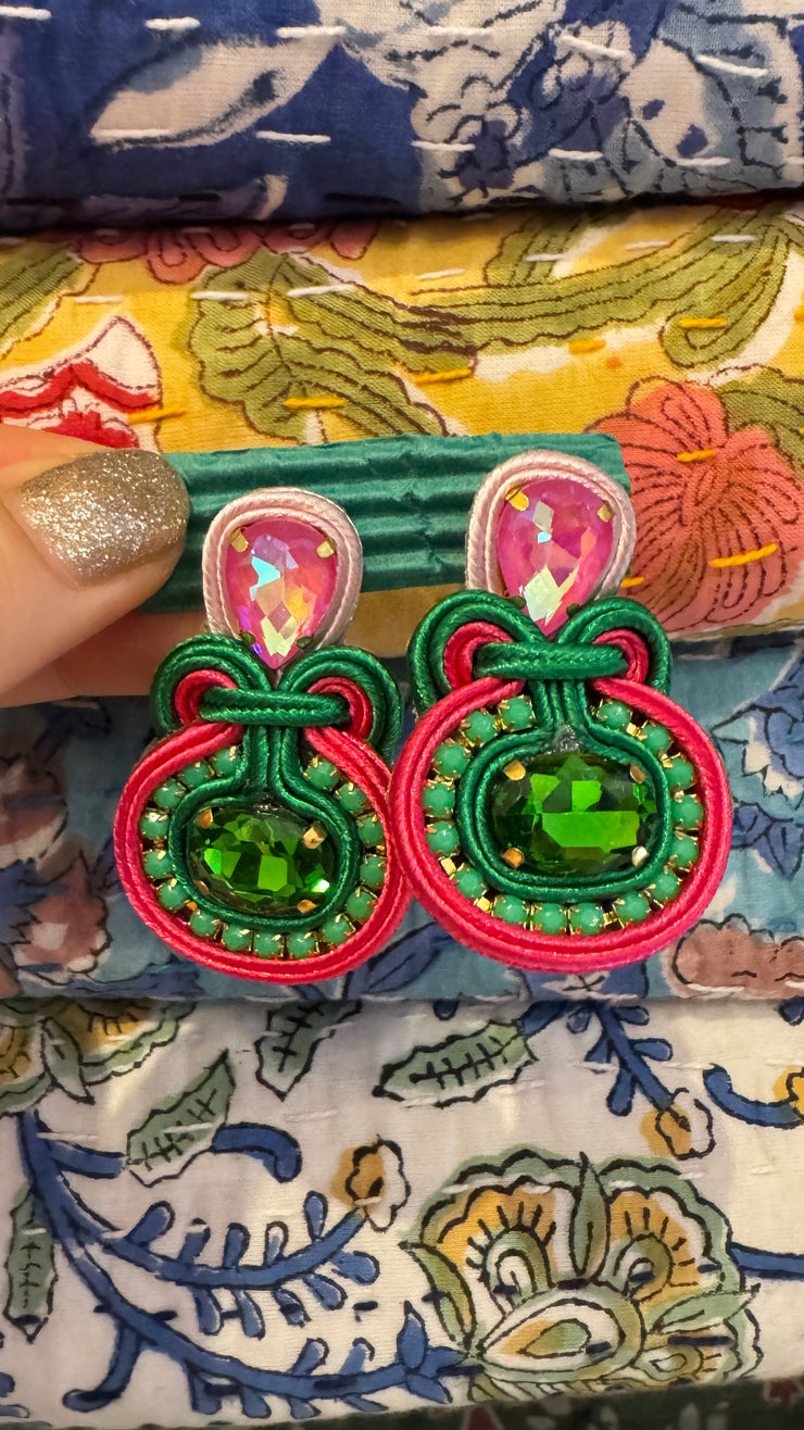 South American Earrings - Small Round - Bright Pink, Pale pink and Green