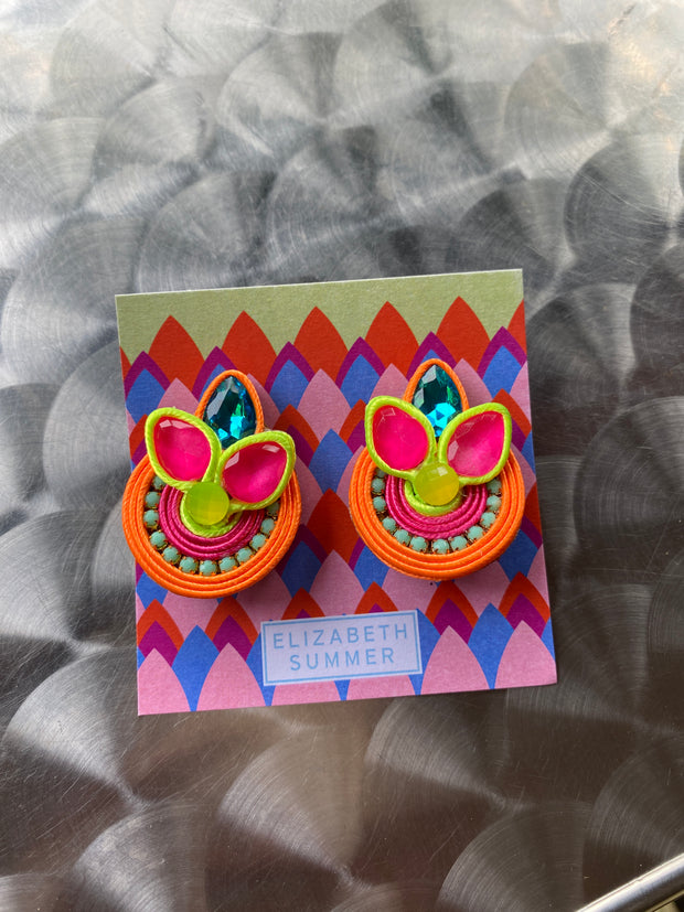 South American Earrings - Flower - Orange, Lumo Yellow and Pink