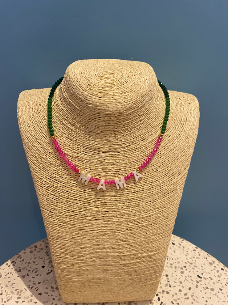 Beaded Necklace - MAMA - Hot Pink,Emerald Green, Dark Green