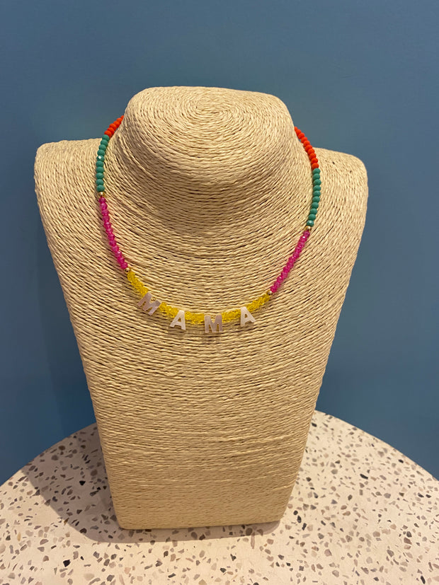 Beaded Necklace - MAMA - Yellow,Pink ,Green ,Coral & Lime