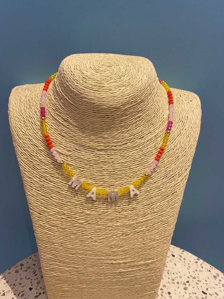 Beaded Necklace - MAMA - Pale Pink, Pink ,Yellow & Coral