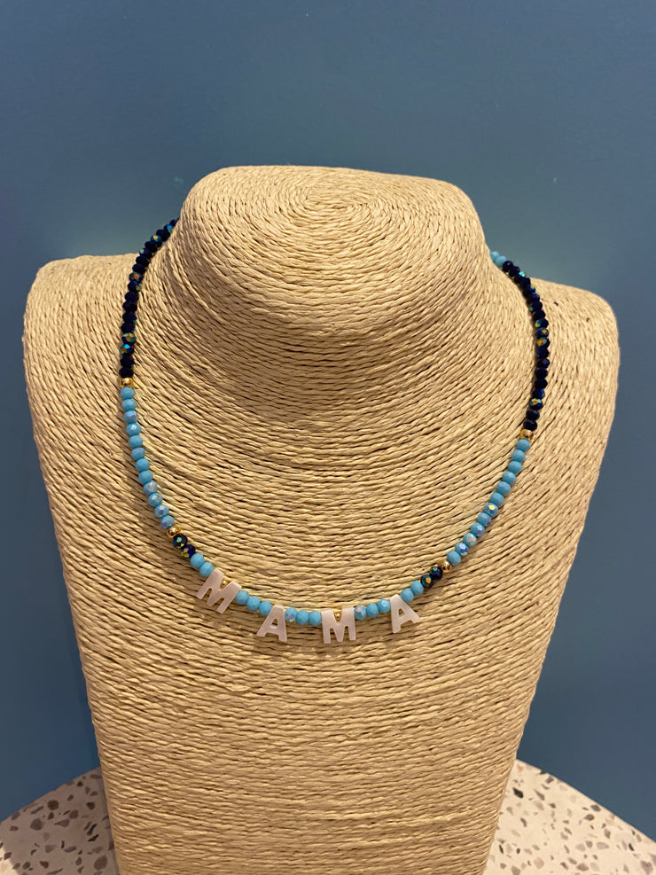 Beaded Necklace - MAMA - Sky Blue & Navy