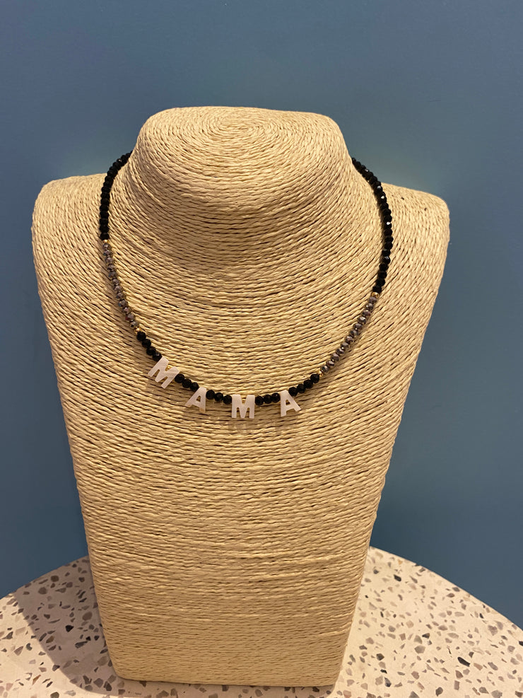 Beaded Necklace - MAMA - Black & Sliver