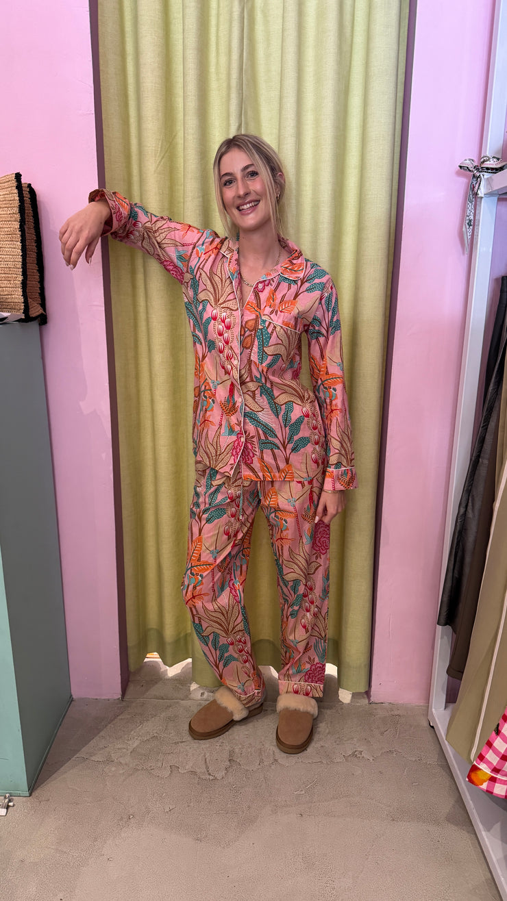 Pyjamas - Indian Cotton Long Set - Floral - Pale Pink