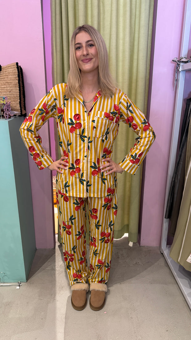 Pyjamas  - Indian Cotton Short Set - Yellow Stripes with Cherries