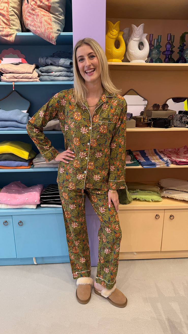 Pyjamas  - Indian Cotton Long Set - Floral - Green