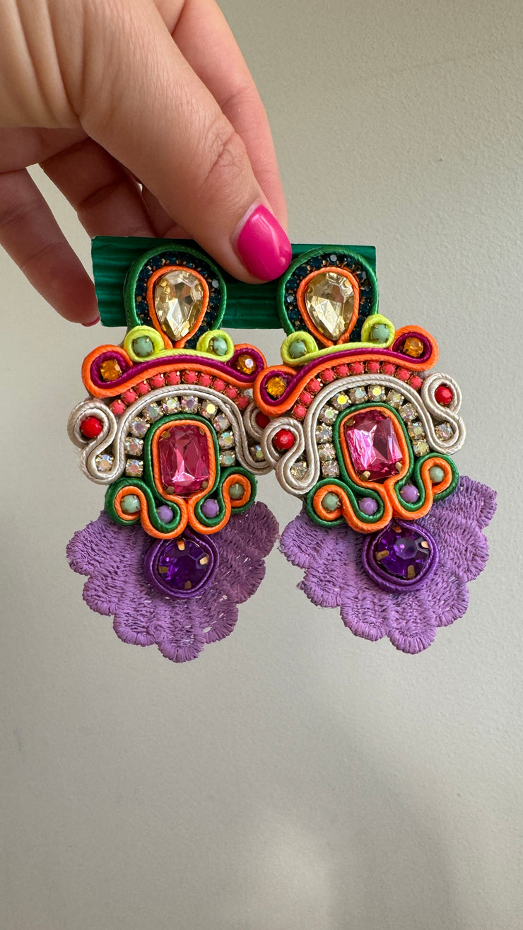 South American Earrings - Lace with intricate stones - Purple, Green, Orange, Silver - Elizabeth Summer