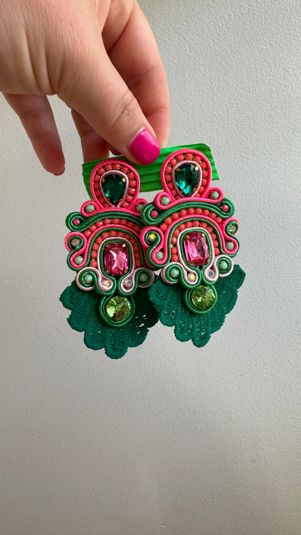 South American Earrings - Lace with intricate stones - Lumo Pink, Pale Pink and Green - Elizabeth Summer