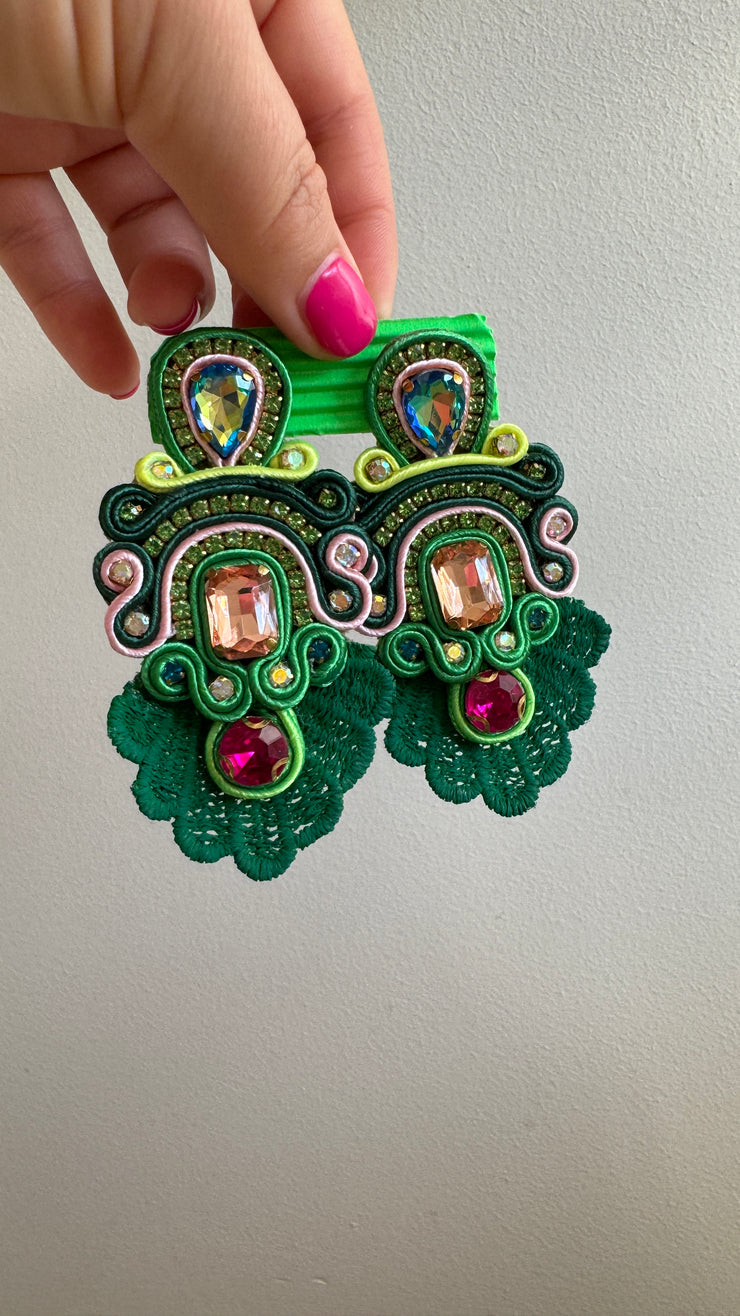 South American Earrings - Lace with intricate stones - Greens with a touch of Pink - Elizabeth Summer
