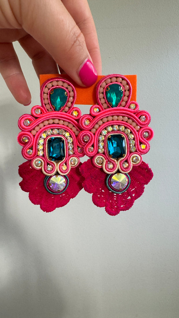 South American Earrings - Lace with intricate stones - Pink with a touch of Blue - Elizabeth Summer