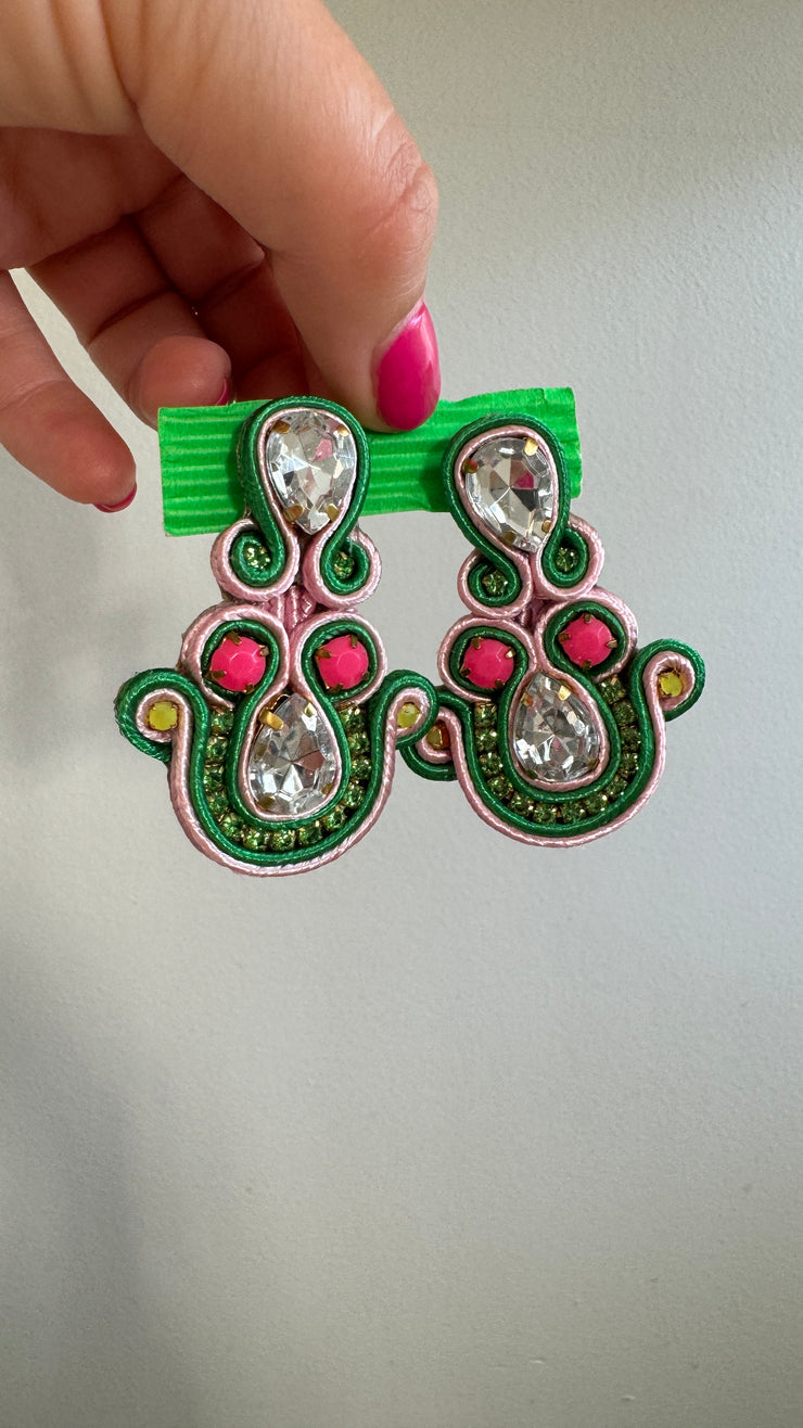 South American Earrings - Small Chandelier - Green and Pink - Elizabeth Summer