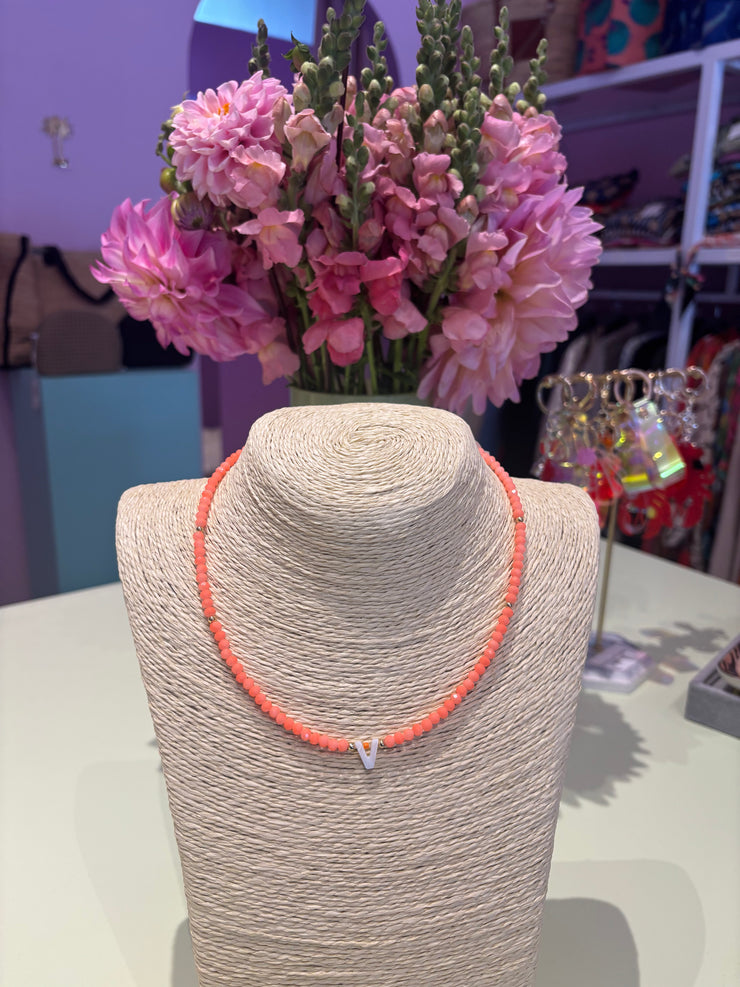 Beaded Initial Necklace - V - Neon Orange - Elizabeth Summer