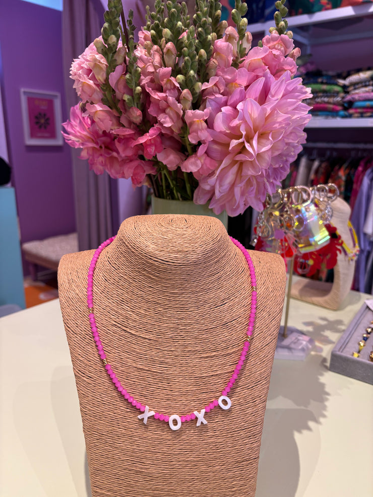 Beaded Necklace - XOXO - Neon Pink - Elizabeth Summer