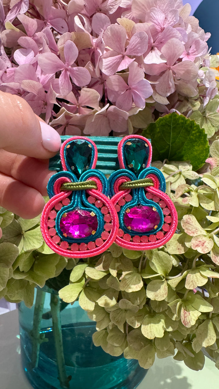 South American Earrings - Small Round - Deep PInk, Green and Blue